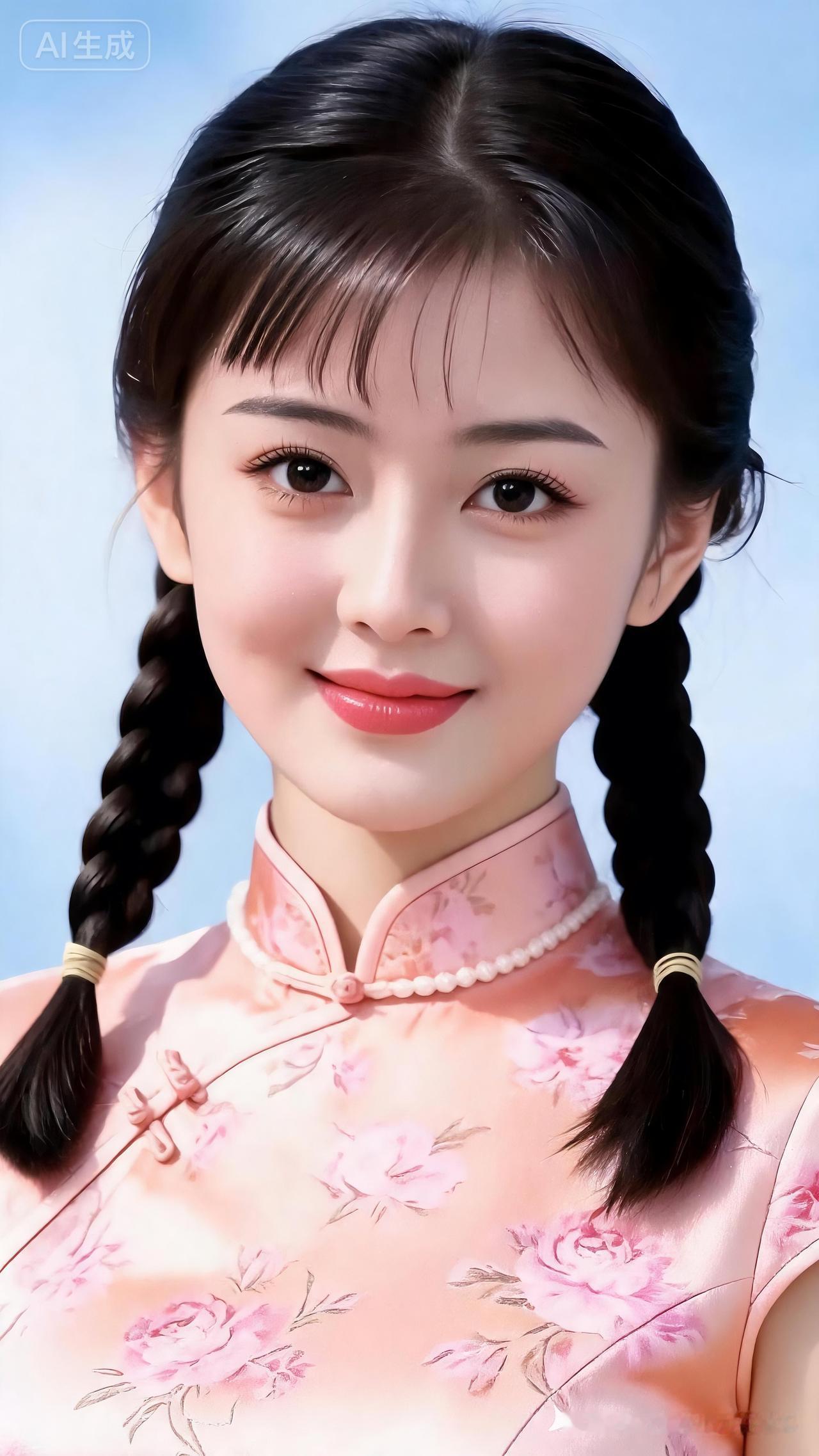 少女精致妆造，眉眼弯翘睫毛纤长，挺翘琼鼻衬着娇艳樱唇，肌肤莹白胜雪。身着温婉淑女