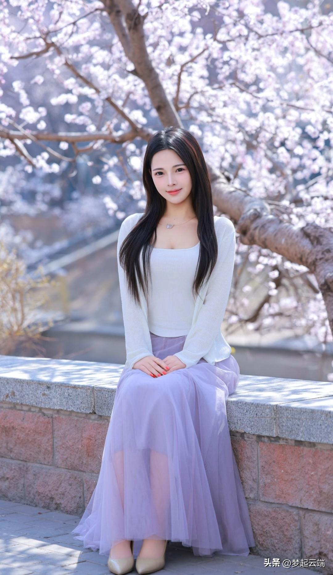 樱花树下，少女静坐，春意盎然。