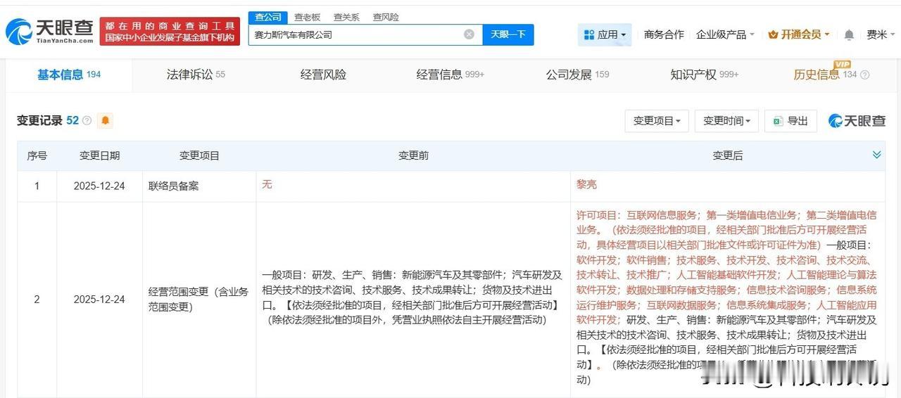 【赛力斯新增多项AI业务】
天眼查App显示，近日，赛力斯汽车有限公司发生工商变