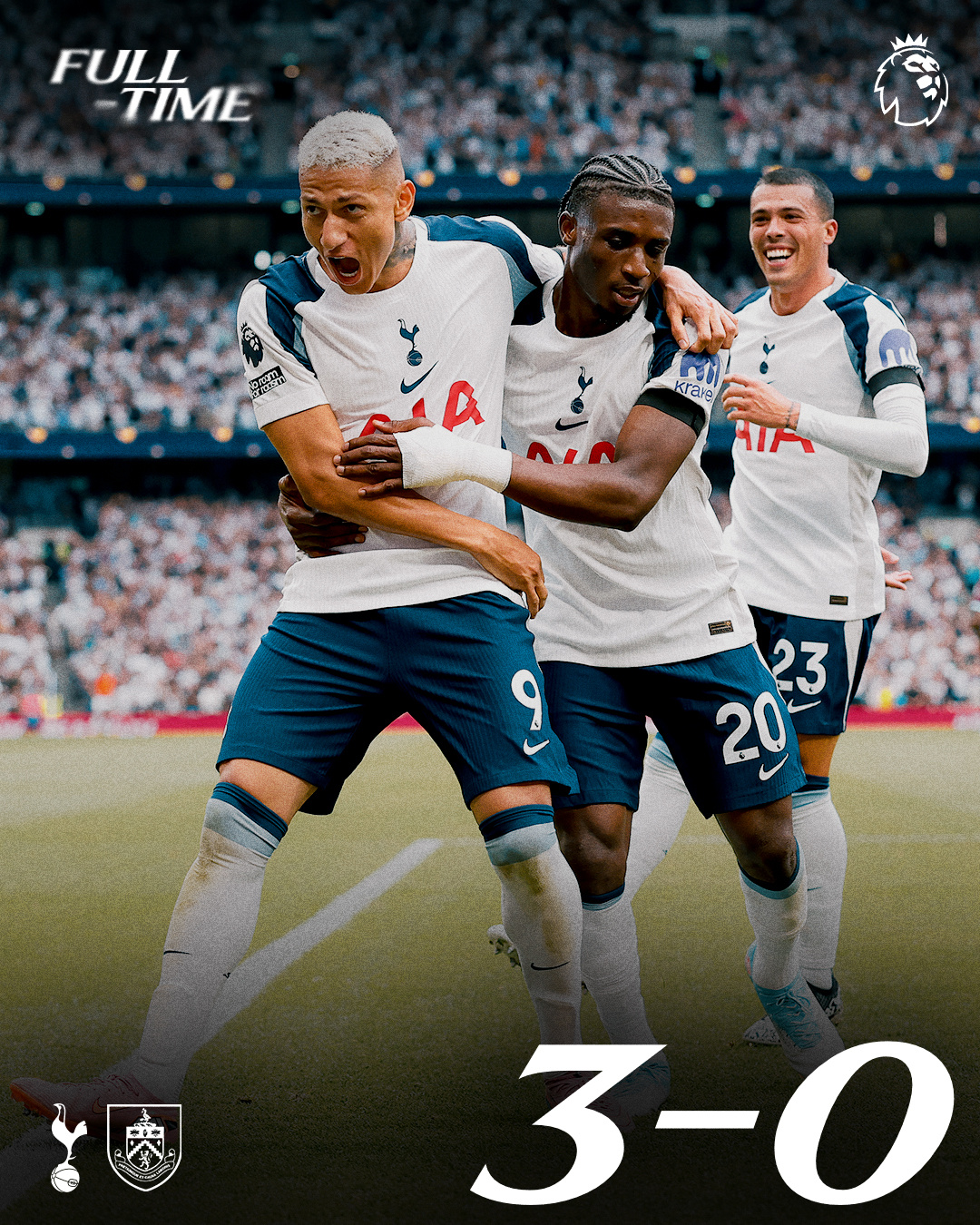 全场比赛结束，热刺3-0伯恩利coys ​​​