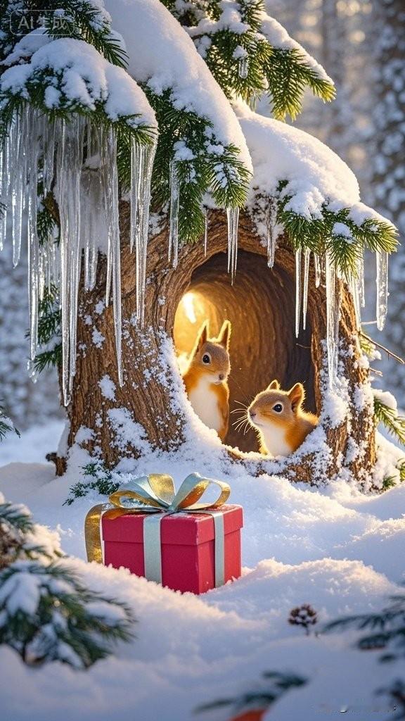 冬日暖阳下，松鼠探头探脑，惊喜礼物在树洞前。🌲🐿️🎁