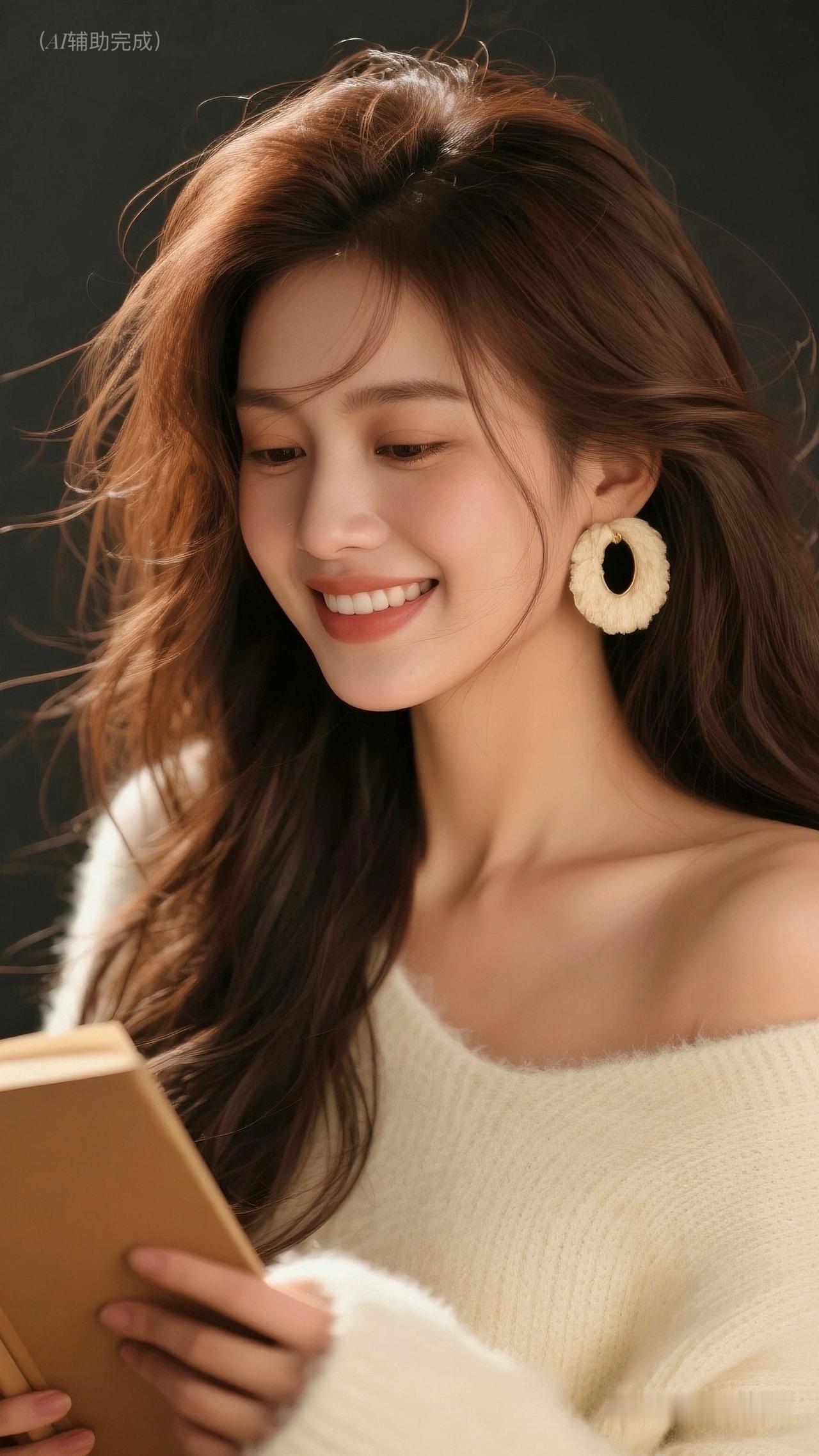 九帧同绘温婉知性仙。棕褐/乌黑长发如绸垂，发丝微扬，米白露肩毛衣裹雅姿，环形耳饰