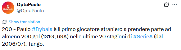 今天一传一射之后，迪巴拉成为了意甲过去20年首位直接参与至少200粒进球（131