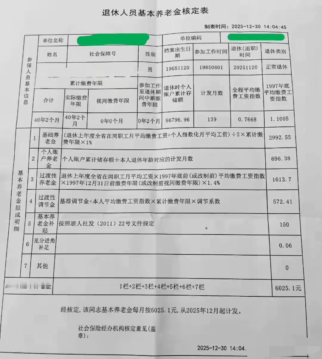 浙江的平均退休金高不高？

这是一份浙江省的退休人员基本养老金核定表，2025年