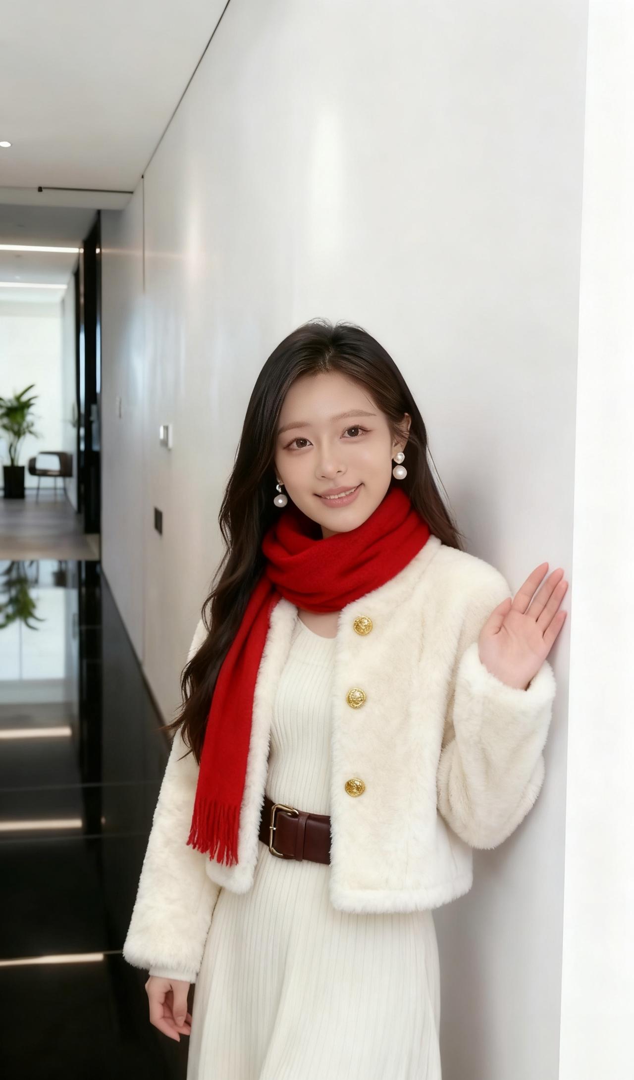 米白色毛绒短外套搭配同色系针织长裙，红围巾一抹亮色点亮整体造型，温柔又吸睛。