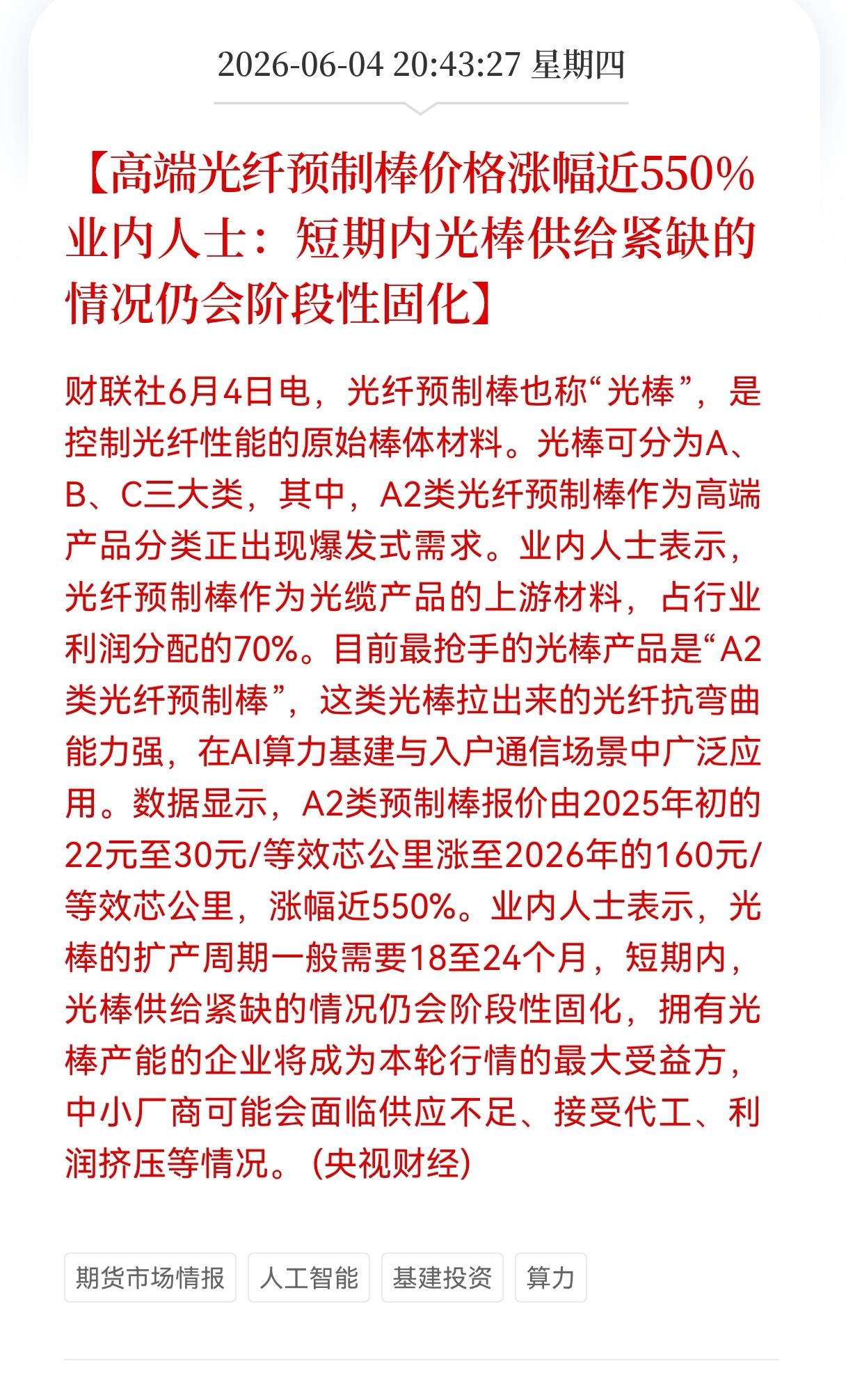 突发消息！
高端光纤预制棒价格涨幅近550%，
业内人士：短期内光棒供给紧缺的情