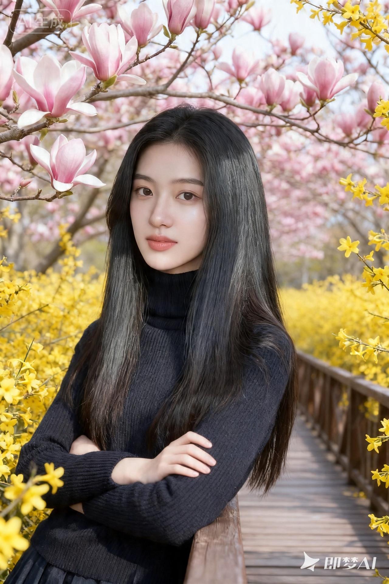 春日漫步，花海中的少女，温暖与宁静并存。