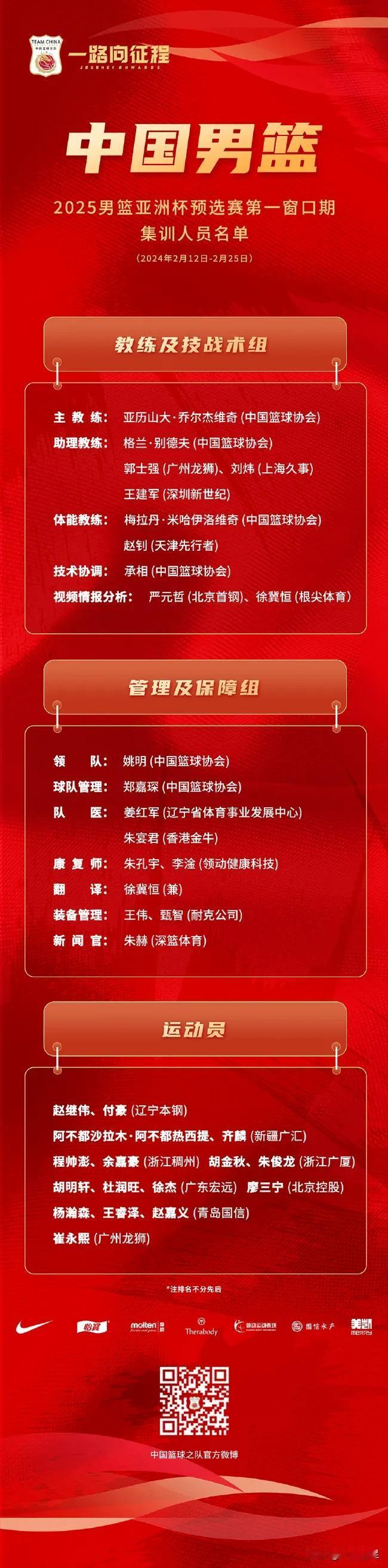 落选的球员都是主力阵容！
后卫：赵睿、孙铭徽
前锋：李凯尔、张镇麟
中锋：周琦
