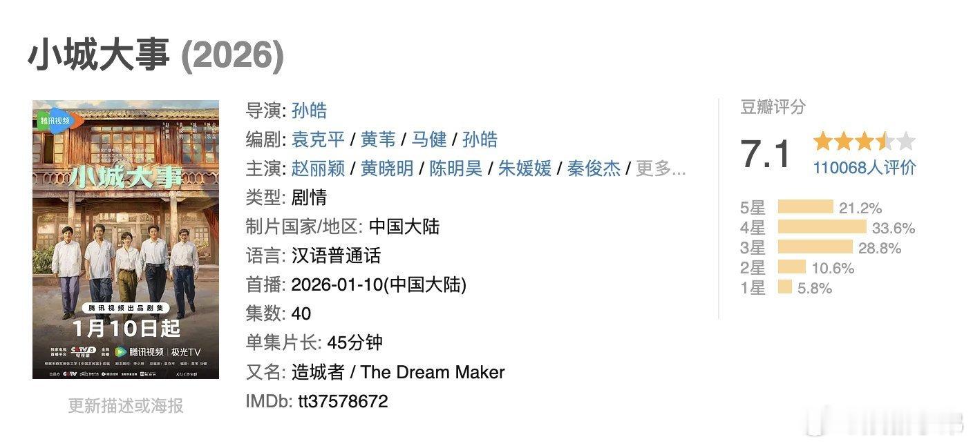 赵丽颖黄晓明《小城大事》豆瓣开分7.1杨幂欧豪《生万物》豆瓣开分7.2 你更喜欢