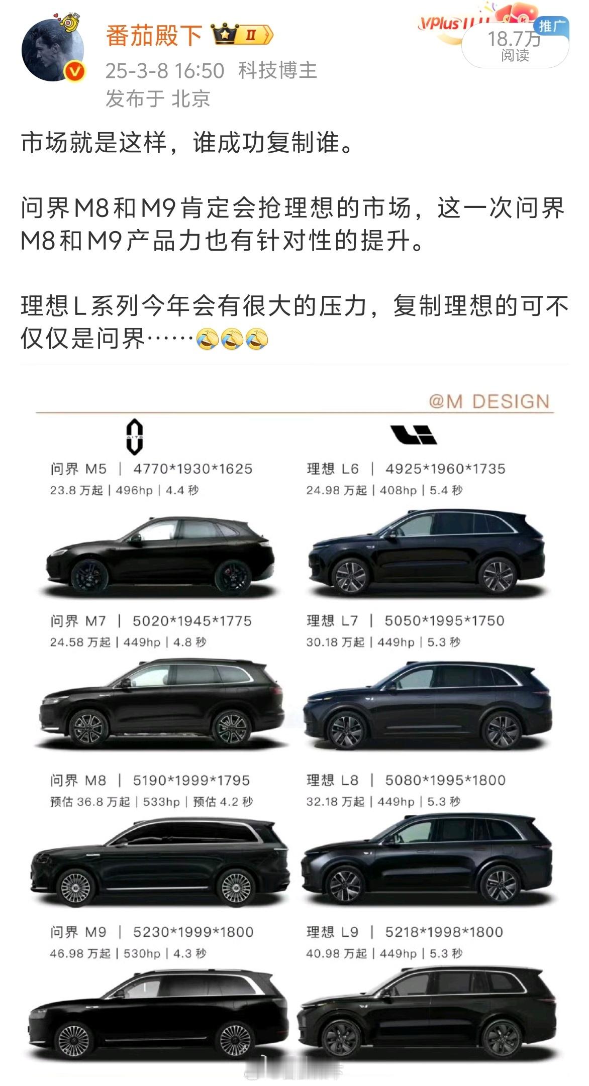问界M8今年3月/4月上市的时候，我就说了肯定不愁卖。① 问界M8绝对比问界M9