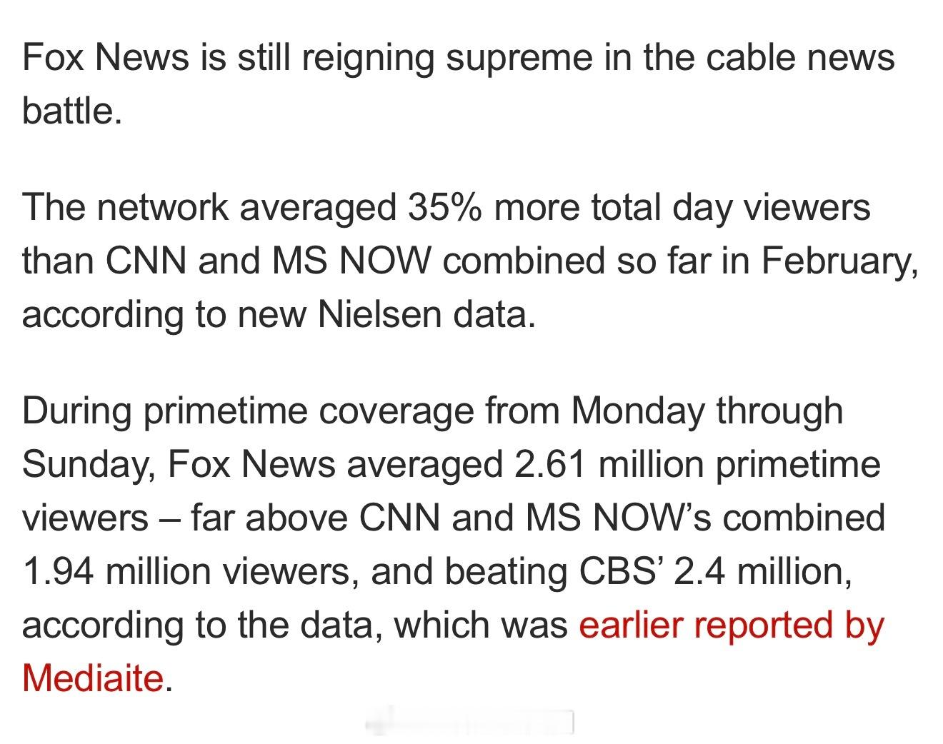 Fox News黄金档节目平均收视率比CNN加上MS NOW（以前的MSNBC）