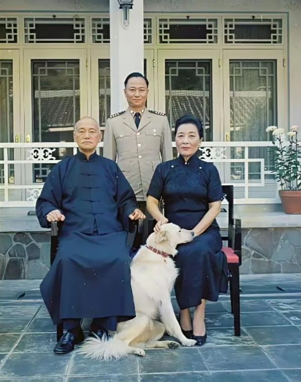 这张照片拍摄于上世纪 60 年代末的台湾士林官邸。蒋介石夫妇端坐眼望前...