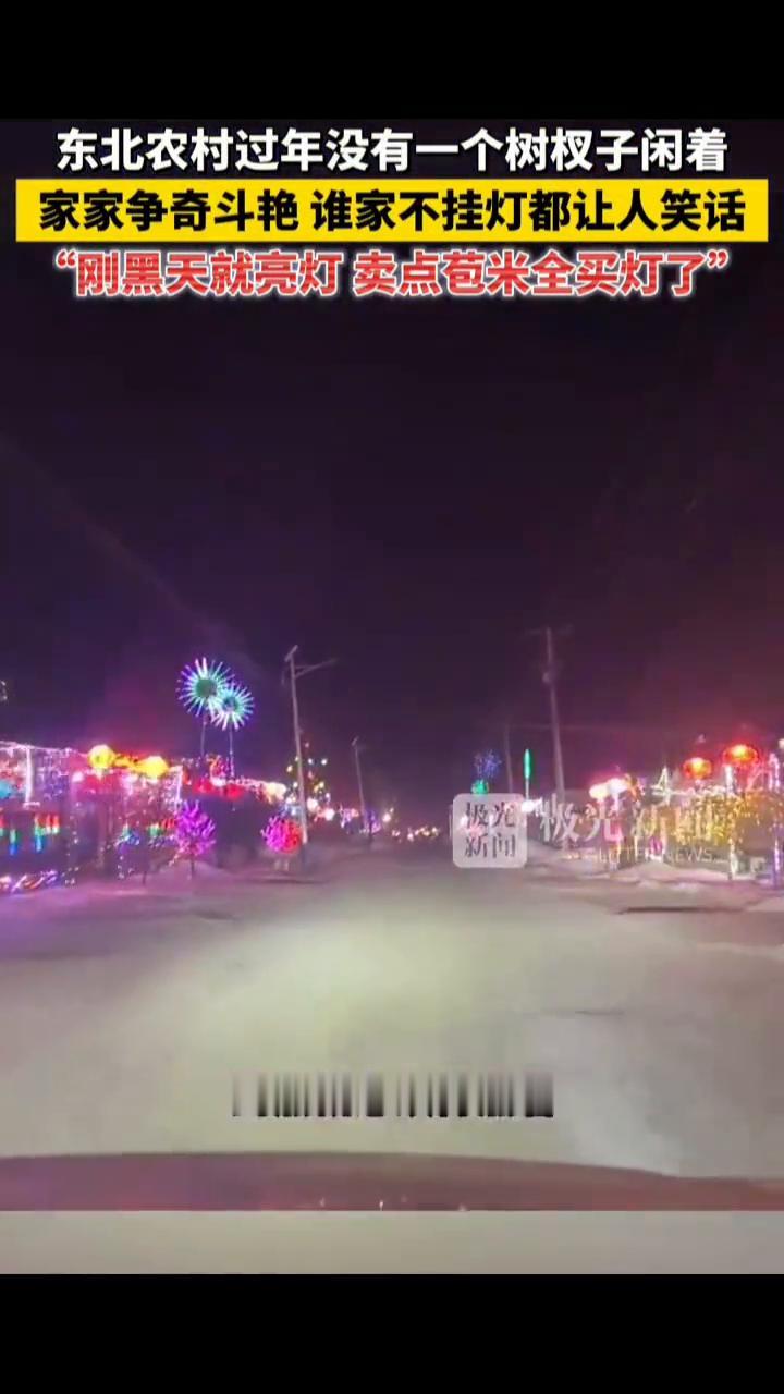 东北农村过年没有一个树权子闲着，家家争奇斗艳，谁家不挂灯都让人笑话。"刚黑天就亮