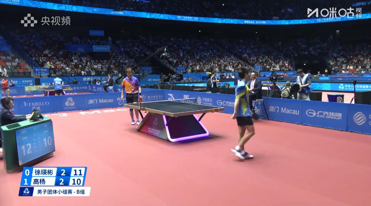 2025大湾区全运会男子团体B组黑龙江1-1天津徐瑛彬3-2高杨（8-11 8-