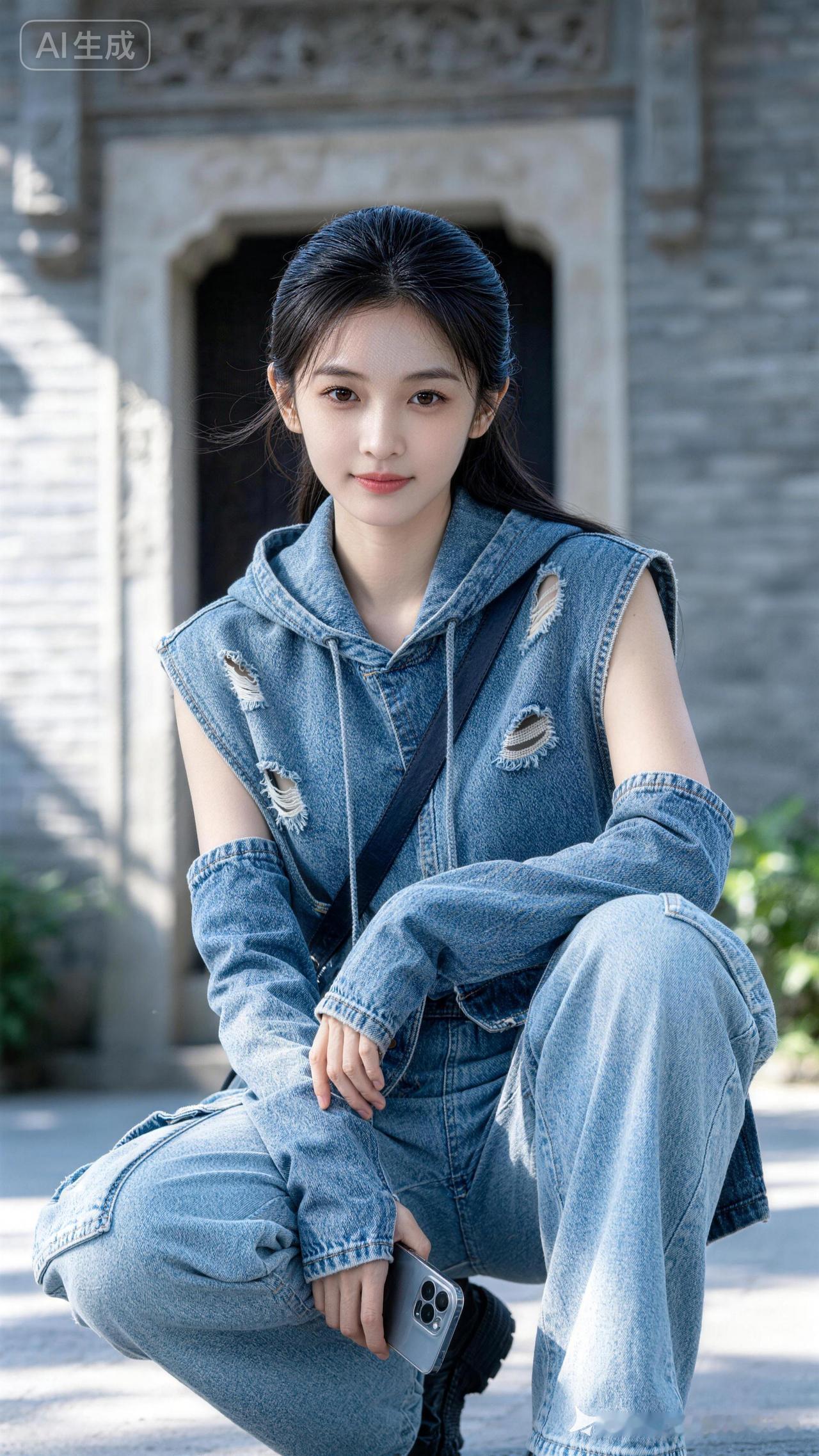 东方少女蹲于古建青砖墙前，全套水洗牛仔工装造型，冷调自然光柔和铺陈，动态朦胧光斑