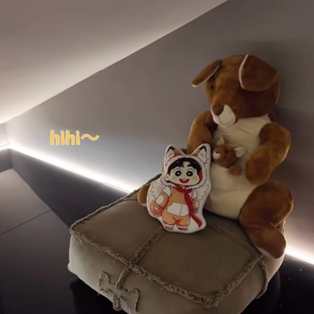 把自己狐狸装的蜡笔小新摆在床边沙发上，星星酱真可爱 