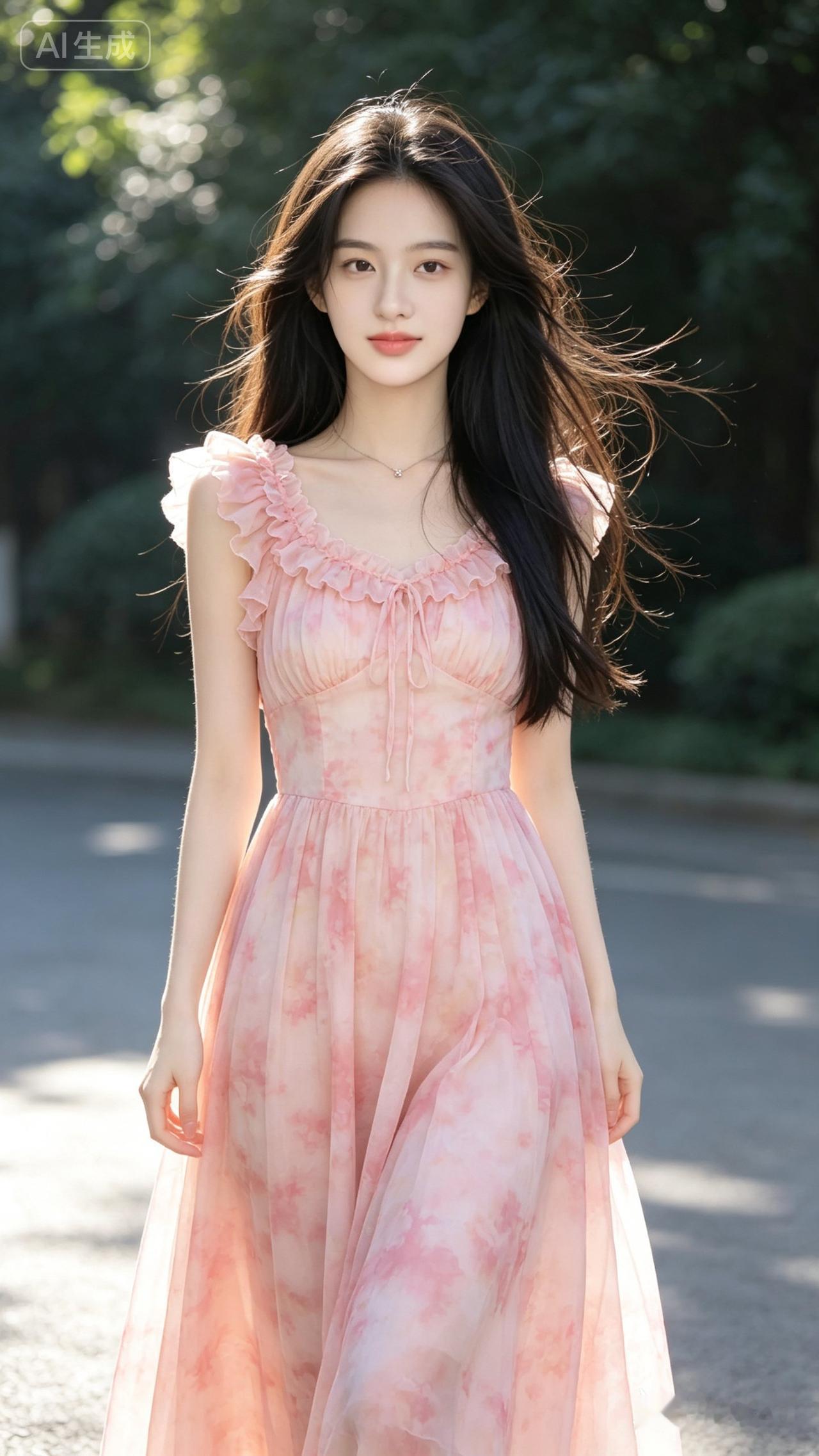 温柔粉裙少女，漫步在阳光下的浪漫时光。