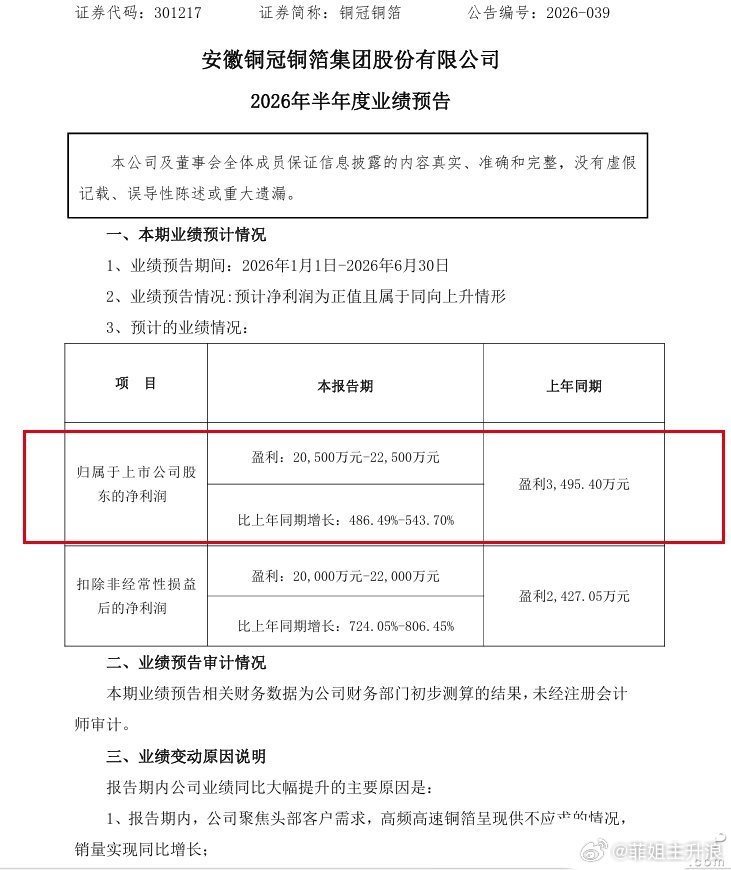 【铜冠铜箔：上半年净利预增486%-544% 高频高速铜箔供不应求 销量同比增长
