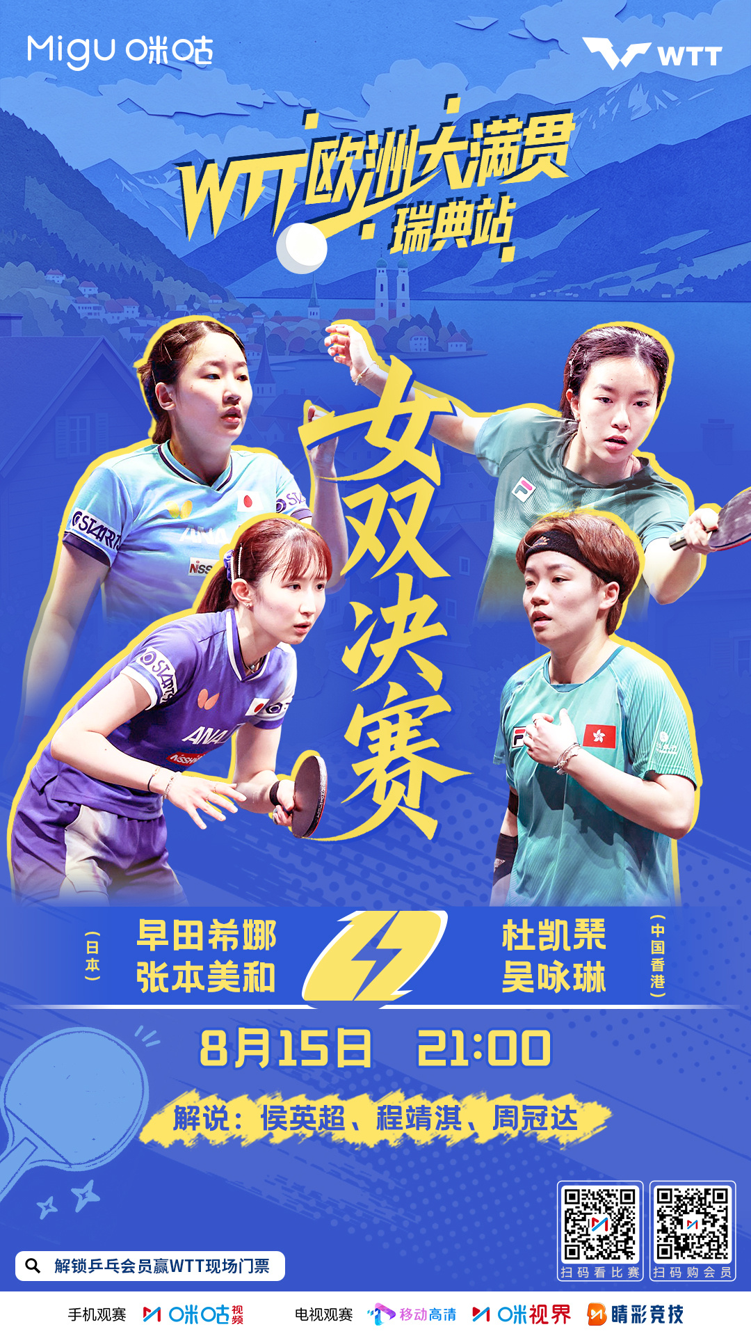 #2026WTT欧洲大满贯#（瑞典站） 👧 8月15日21:00 女双决赛👨