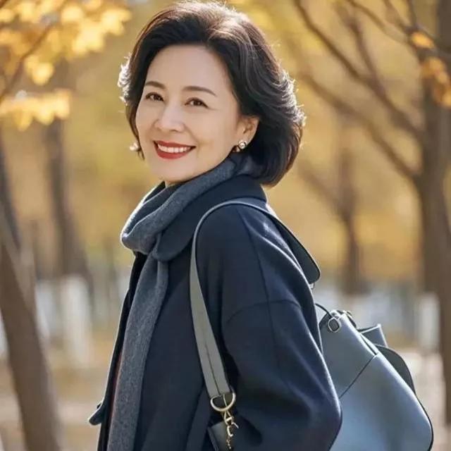 优雅女士漫步秋日公园，笑容灿烂，尽显从容与自信。公园治愈系美景 公园时尚少女 自
