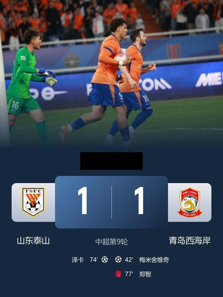 中超 泰山1-1西海岸 梅米舍维奇破门，泽卡扳平比分， 郑智染红！
5月1日19