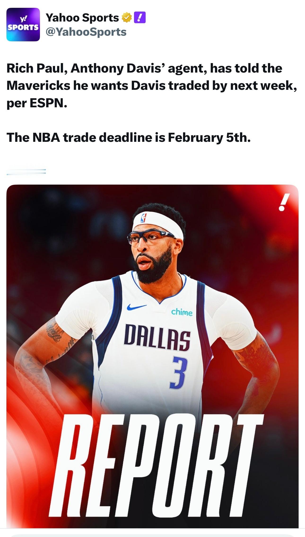 ESPN记者Tim MacMahon：安东尼·戴维斯的经纪人里奇·保罗已经明确告