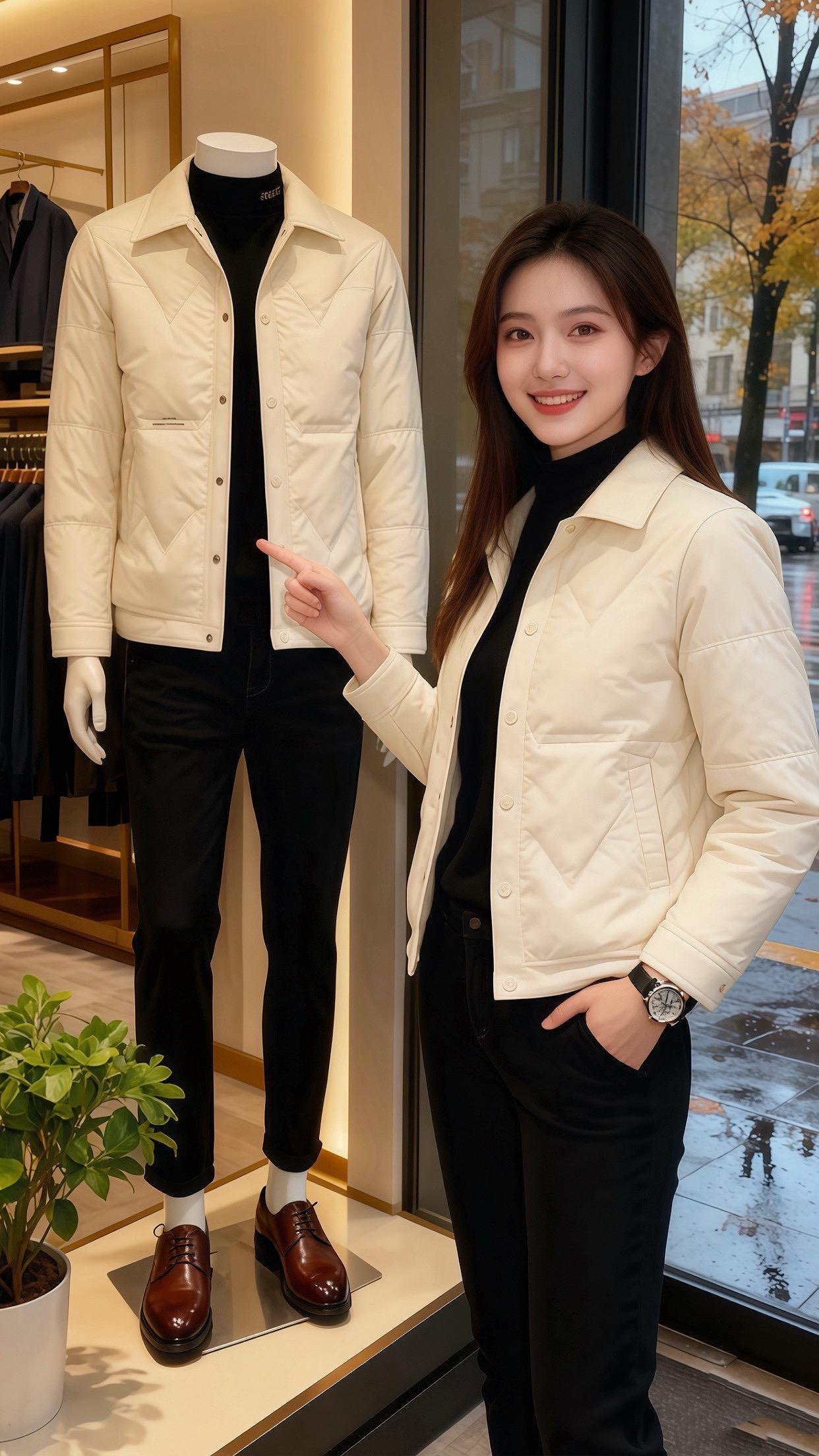 《雨幕里的米白》  深秋雨街，她坐在男装店皮沙发里翻画册，米白菱格棉服...