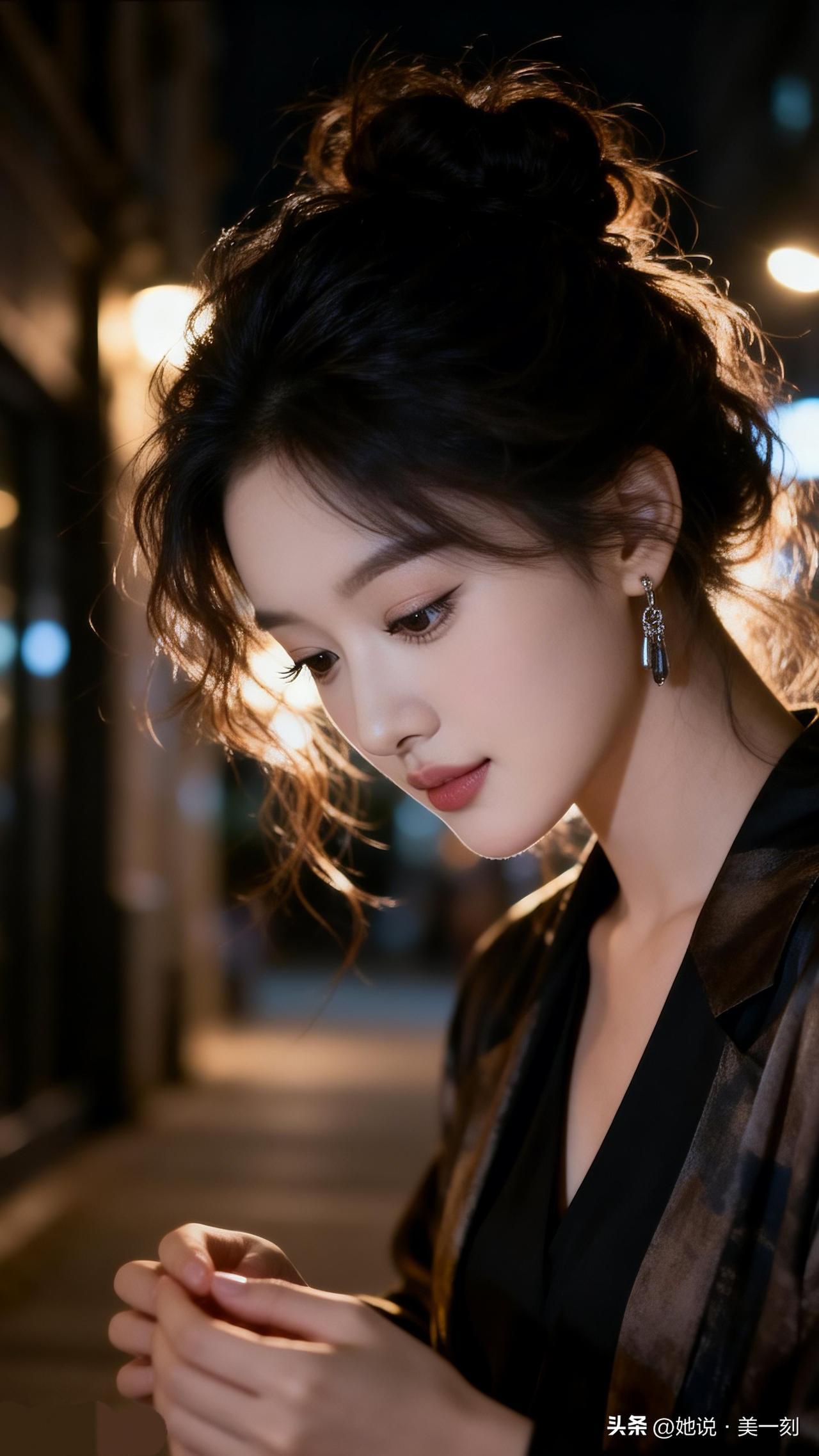 夜晚街头的温柔瞬间，灯光下她沉思的侧颜。漂亮女人的最大魅力，只是一张脸吗