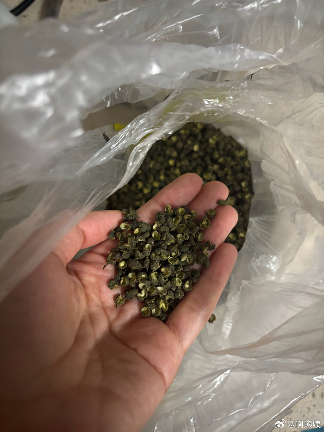 在西昌的菜市场买了一包青花椒，八两左右，套了三层塑料袋。刚从行李箱拿衣服出来，发