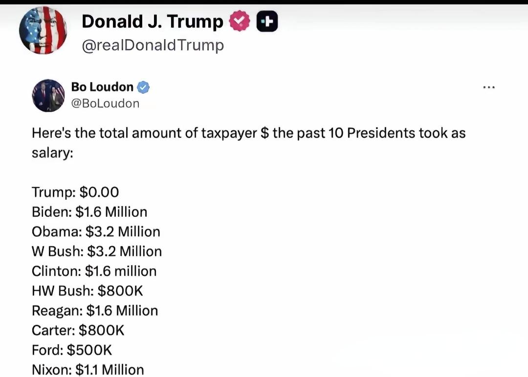 特朗普转发了一个过去10位美国总统在职期间累计税前工资总额的帖子，其中特朗普以0
