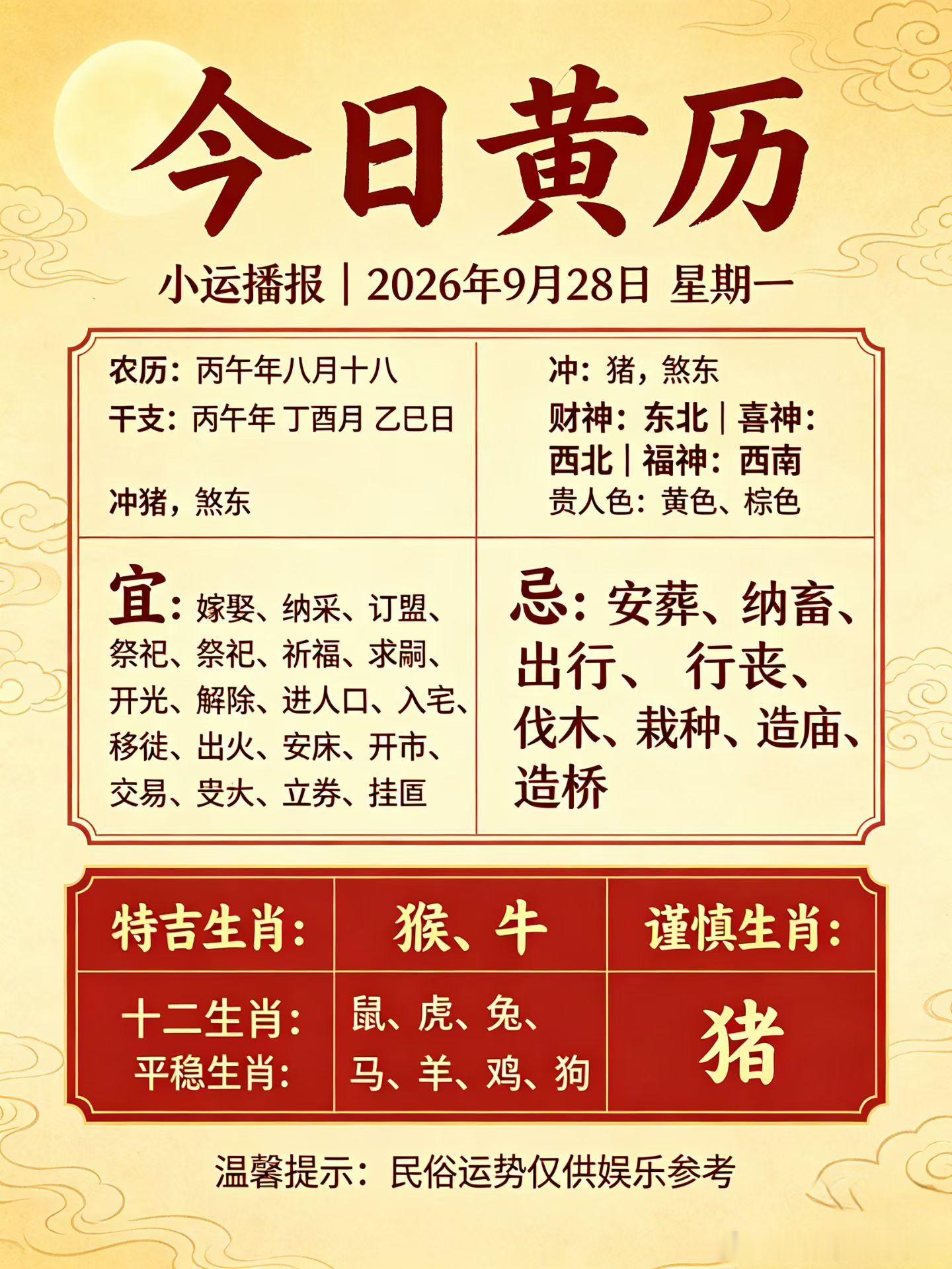 ✨小运播报｜2026年9月28日 星期一农历：丙午年 八月十八｜丁酉月 乙巳日?