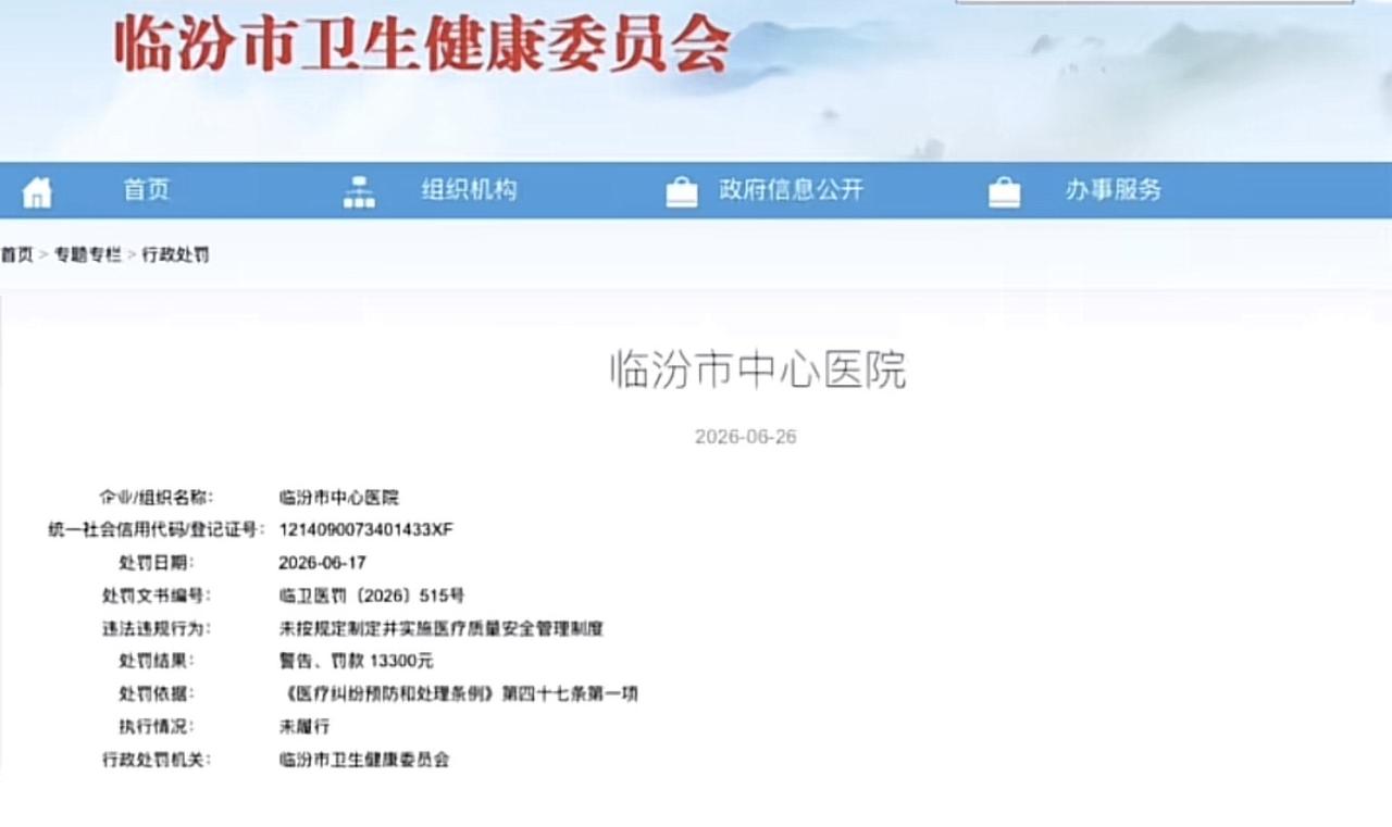 临汾市中心医院违规被罚13300元