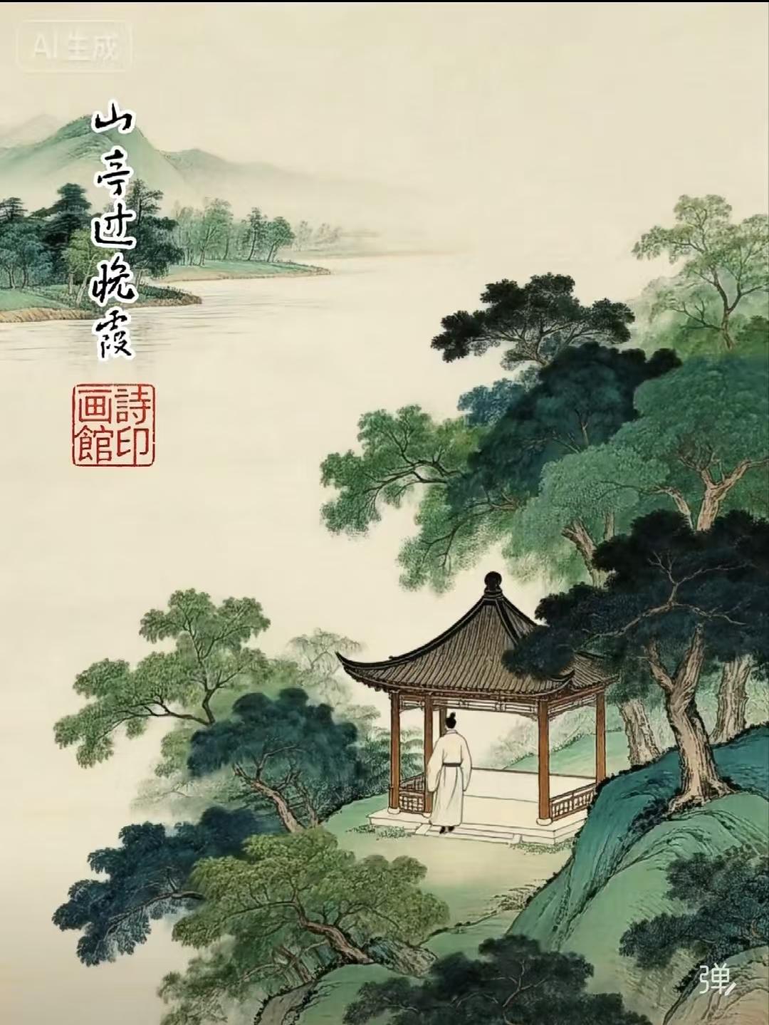 山行
野寺晴分绿树斜，
山亭晚送半天霞。
春深山径无人到，
一路松风落碎花。