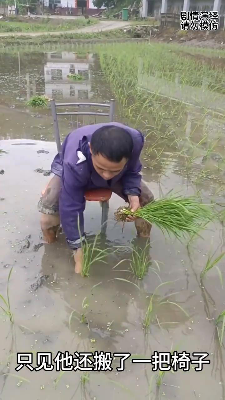 男子坐在椅子上来插秧，这一幕真的太有才了。
男子来到地里干农活，只见他还搬了一把