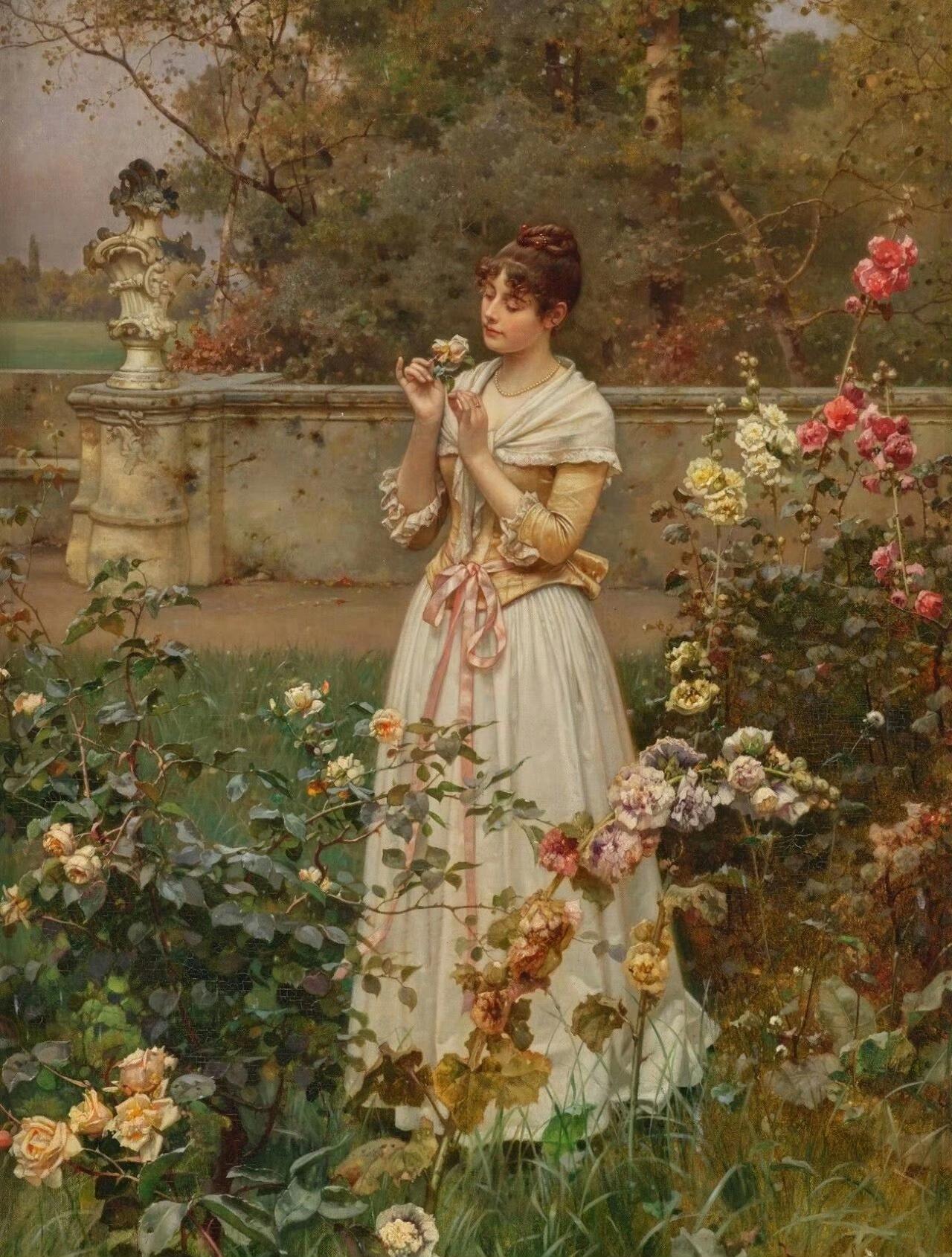Wilhelm Menzler笔下庭院一隅，繁花与裙裾，是旧时光中独有的慵懒浪漫