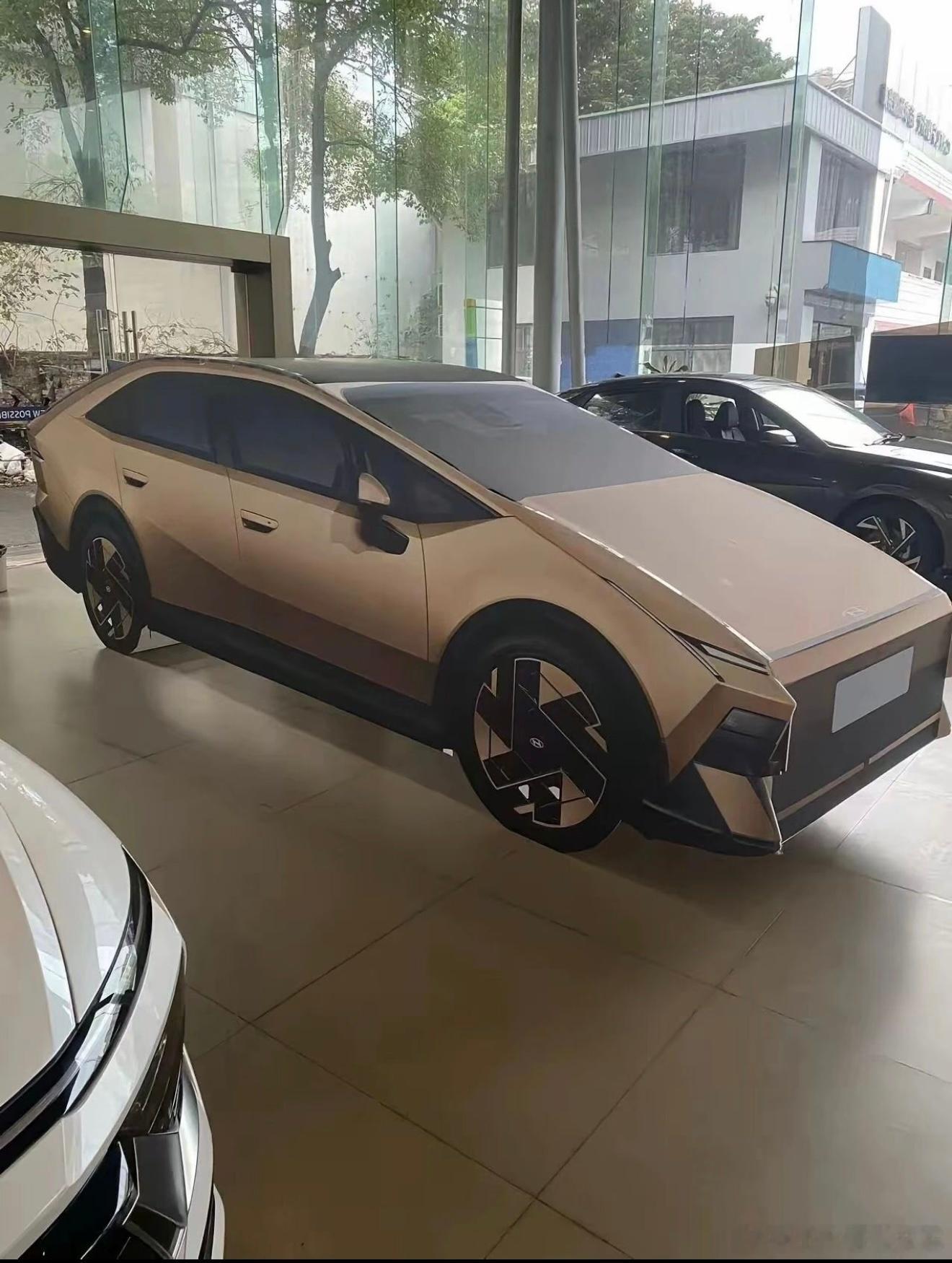 本来现代艾妮氪的造型就有那么点像纸扎车，展台里真放了一个纸扎艾妮氪[允悲]白天还