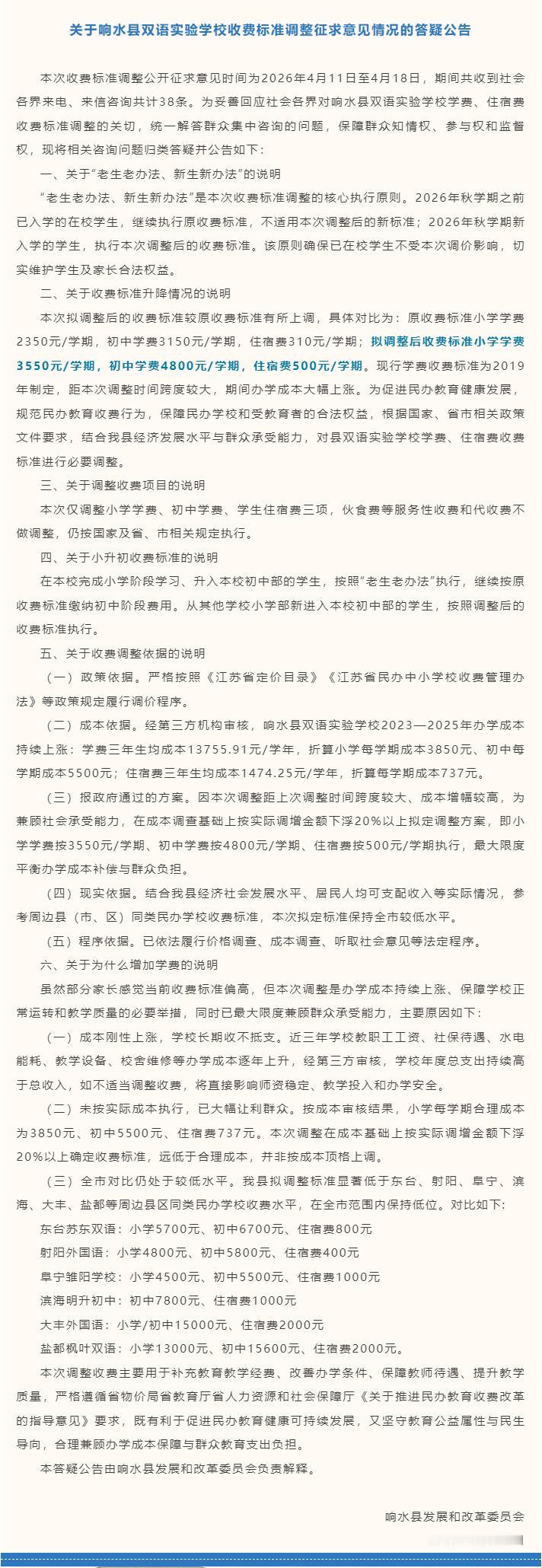 【响水双语学校学费调整官方答疑!老生不涨价,新生按新标准执行…】响水县发改委就双