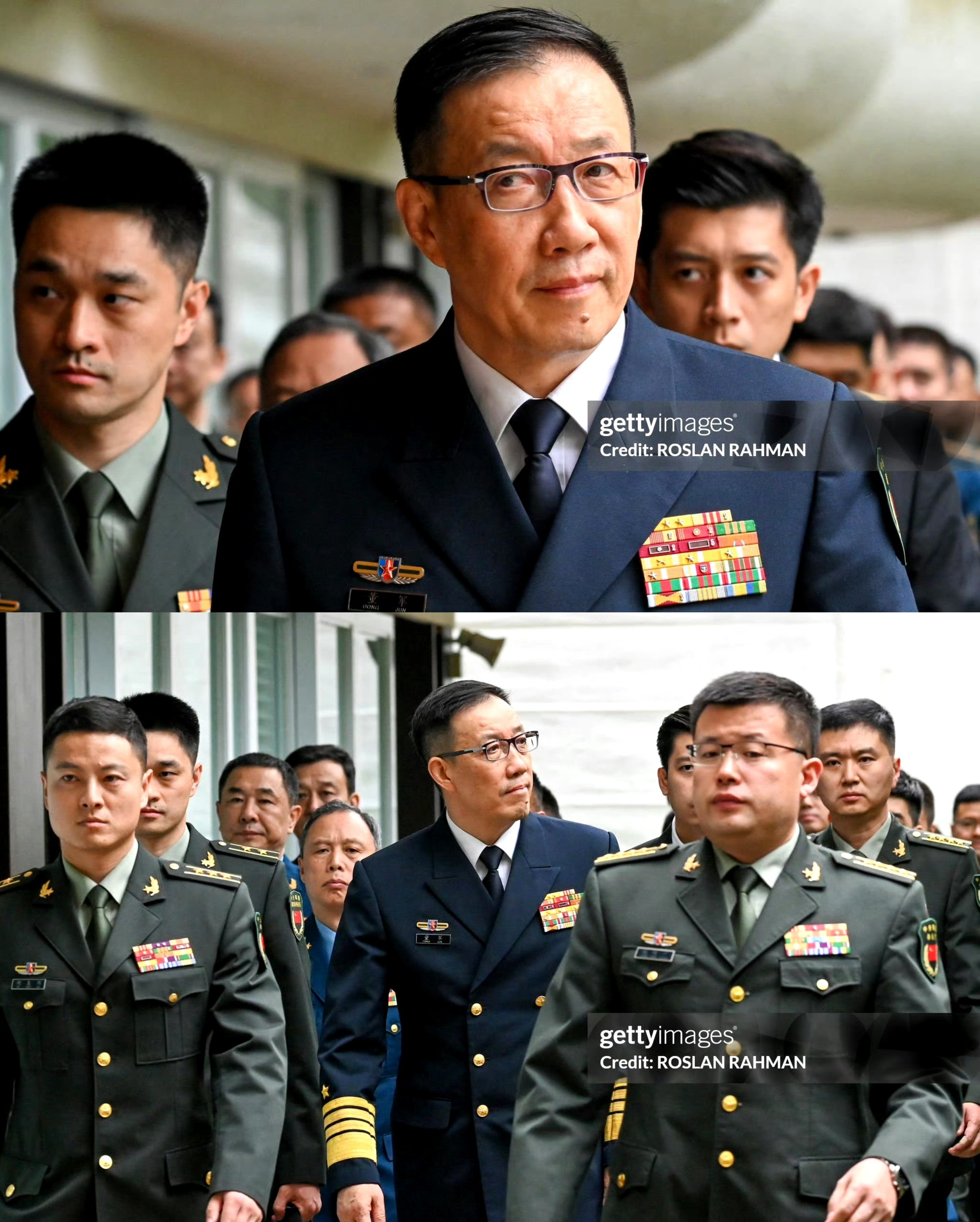 这是今天香格里拉安全峰会前的中美对话中国国防部长董军抵达会场，法新社拍的照片，拍