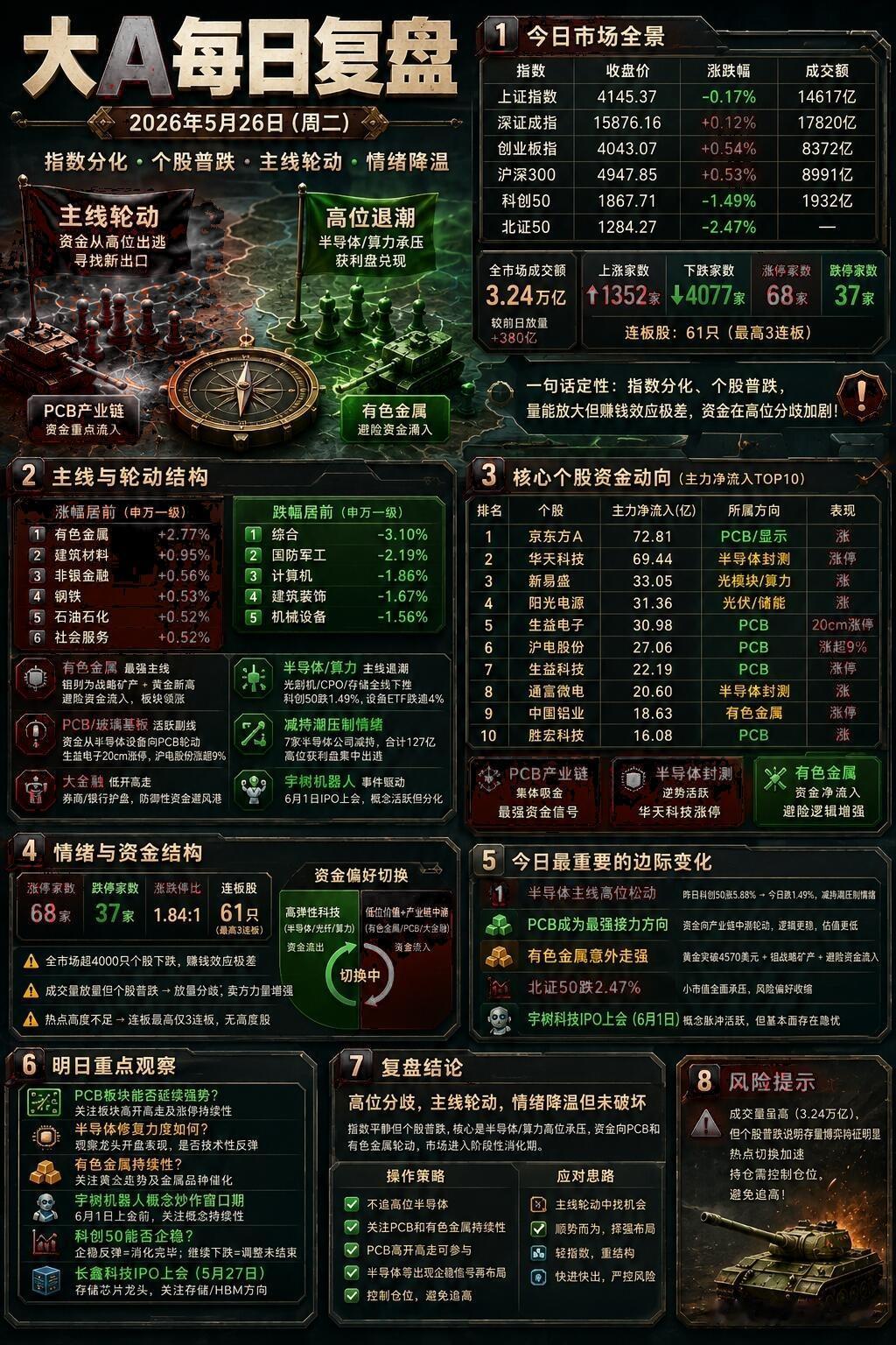 5月26日A股复盘：主线轮动，资金切换
 
指数分化、个股普跌，两市成交3.24