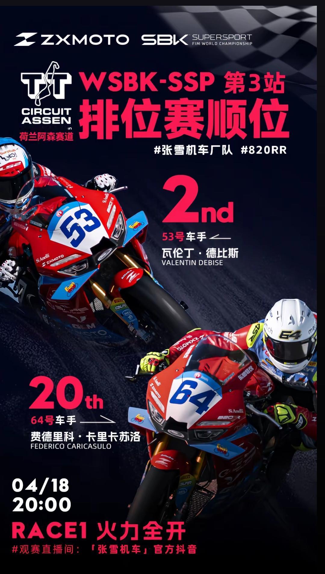 张雪机车WSBK荷兰站排位赛取得第2名的好成绩！非常有可能在荷兰站依旧登上领奖台