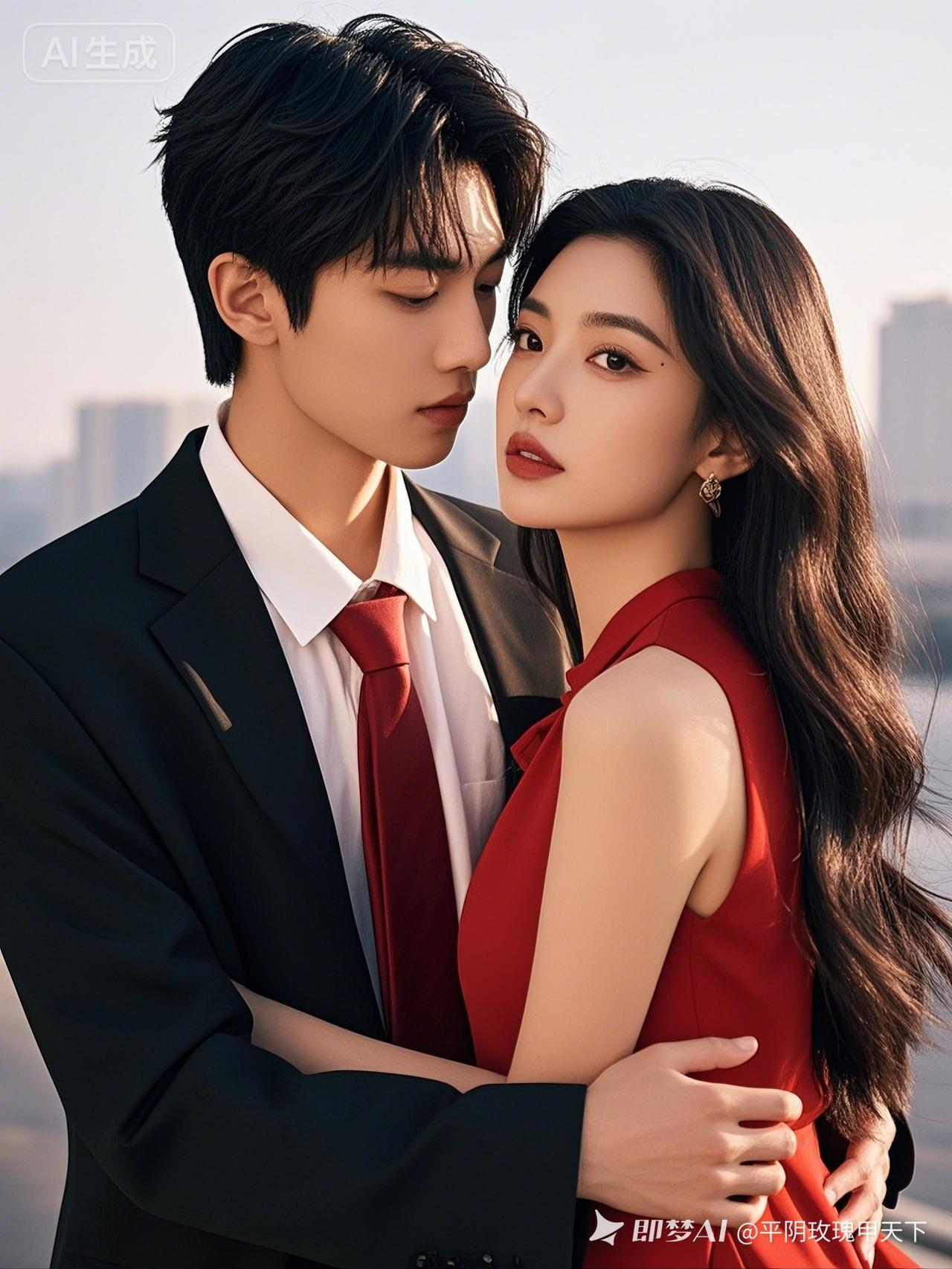 都市情侣的甜蜜瞬间，红衣与黑西装相映成趣，爱意满满！💕✨