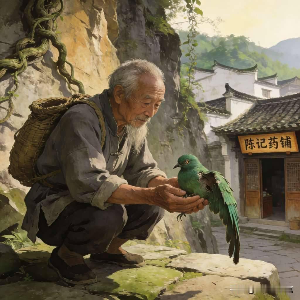 老郎中上山采药，救了只断翅的青鸟，精心医治半月后放生，次日开门，药铺里杂乱的药材