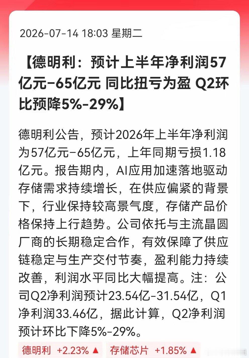 存储龙头德明利半年报出炉，即使净赚60亿，恐怕多空双方都会吵翻天……消息上：德明