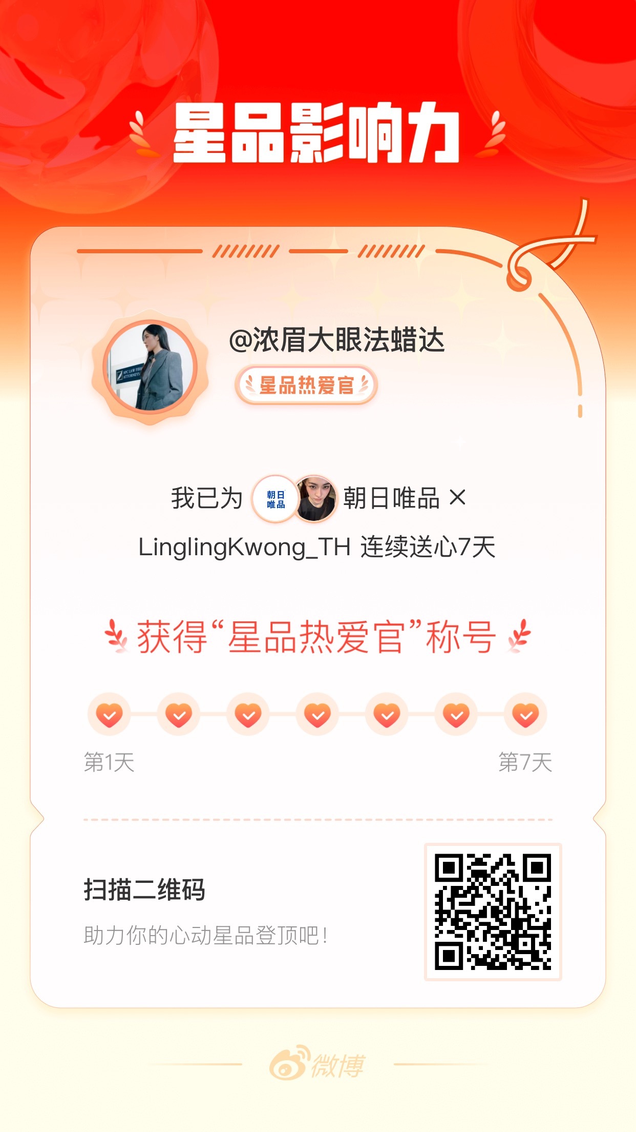 我在星品影响力上为 X 连续送心7天，获得“星品热爱官”称号！快来一起pick你