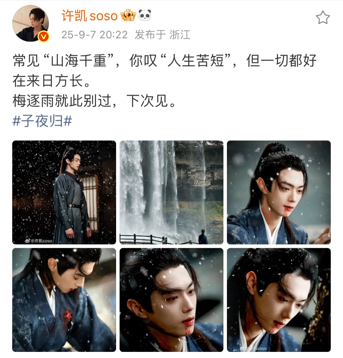 许凯子夜归收官发文了，梅逐雨就此别过。我们小竹鱼真的是非常复杂的人物，许凯诠释的