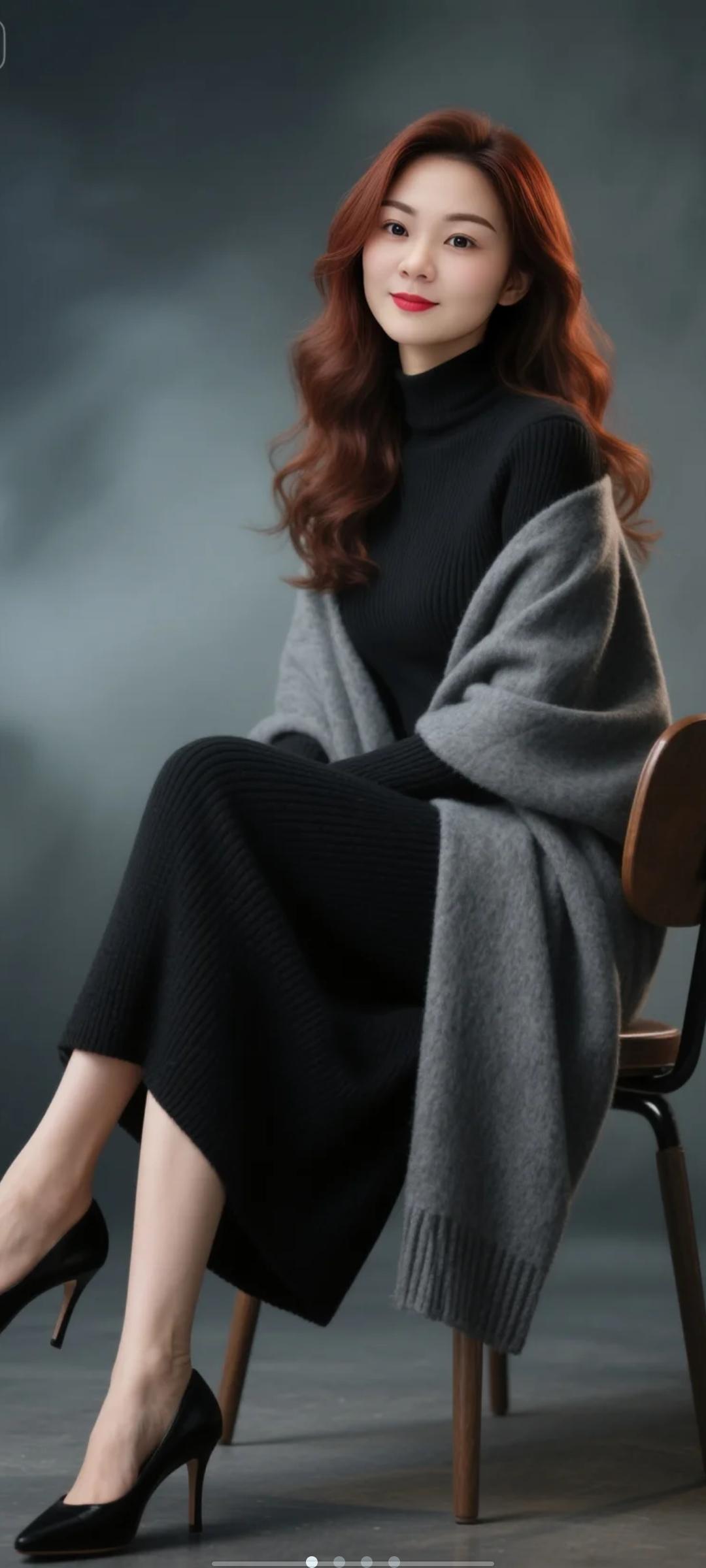 优雅自信穿搭分享微距镜头下的细节描写极致清晰，一位年轻的女子身穿黑色长款毛衣裙，