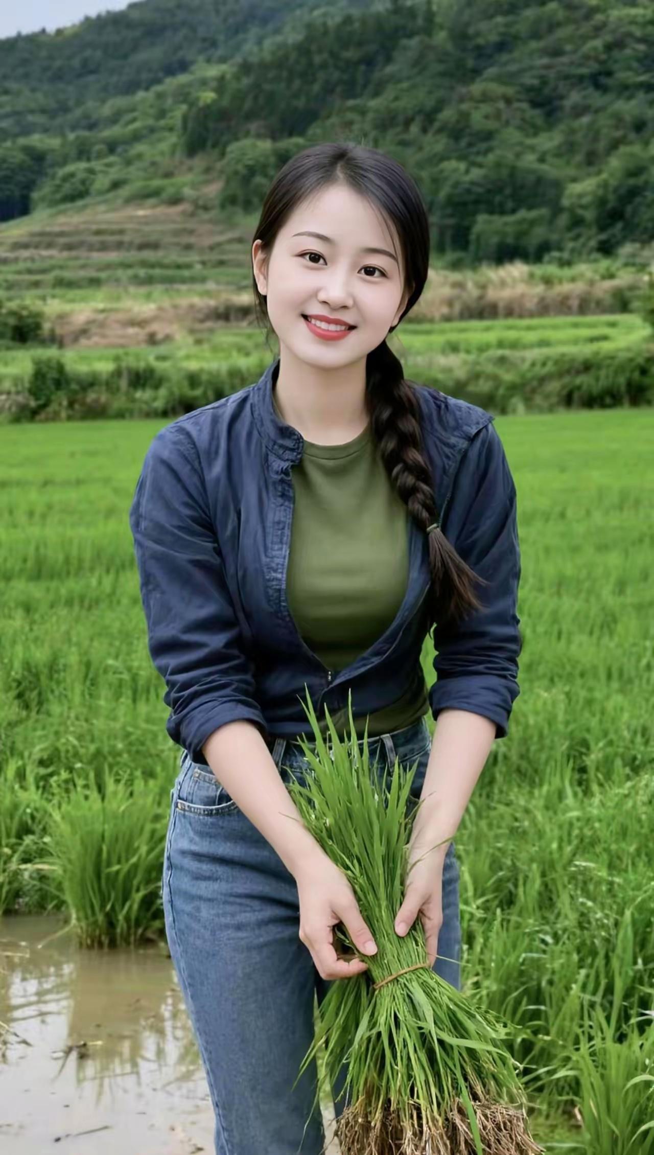田间劳作的女孩，笑得真甜。