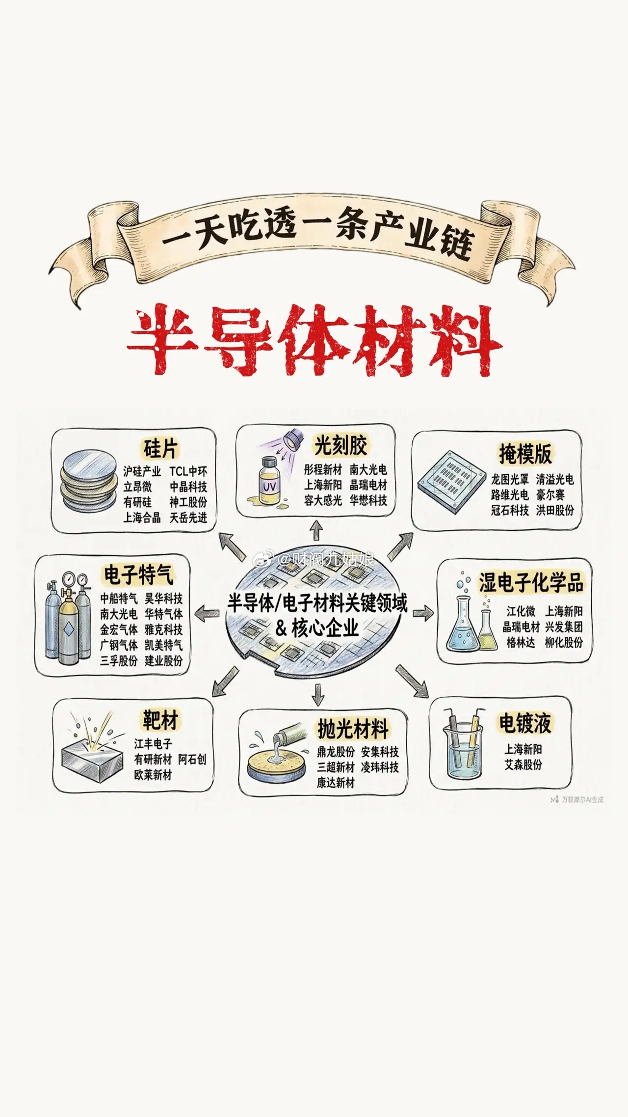 半导体材料梳理半导体材料：是芯片制造的核心基础原材料，贯穿晶圆加工、封装测试全流