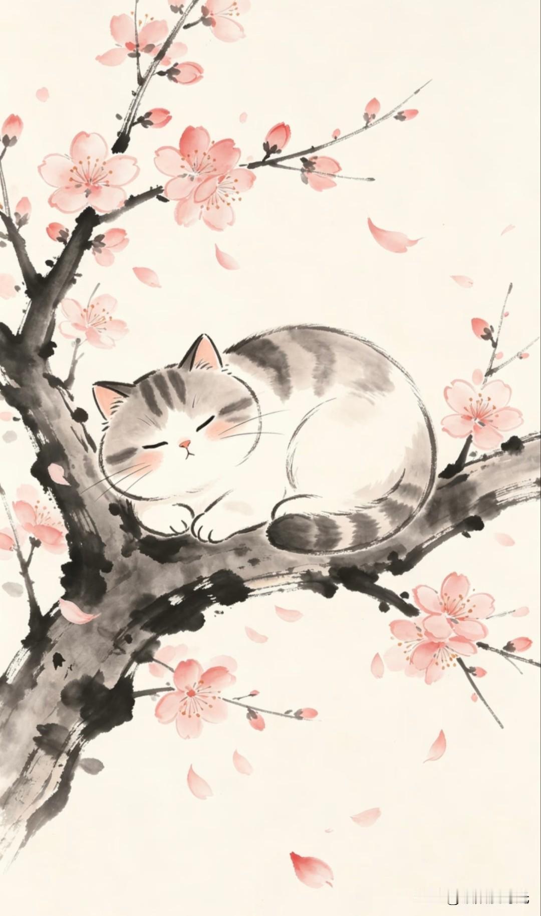 水墨绘狸奴，花下酣眠，偷得浮生半日闲。胖胖熊猫君水墨小猫插画分享