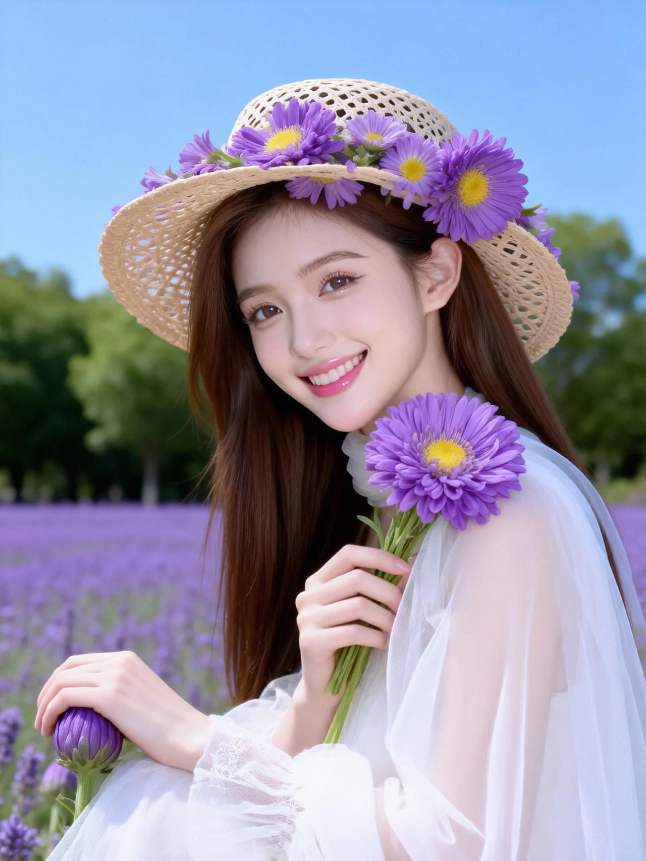 她头戴一顶编织草帽，帽檐点缀着紫色雏菊，与手中的花束相映成趣。一头棕褐色的长直发